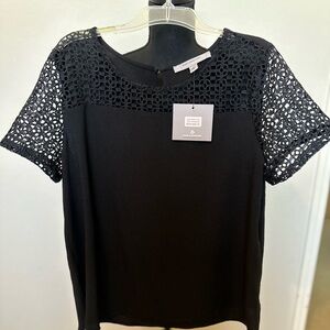 Andrew Marc M Black Crepe CROCHET YOLK S/S Pleat‎ Front TUNIC TOP Blouse NWT